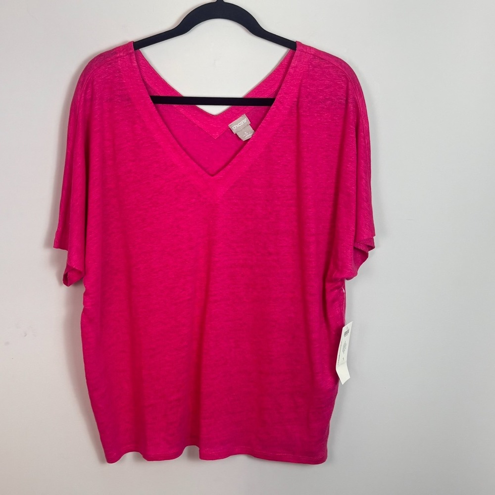 NEW Chico's Womens Pink 100% Linen V-Neck Slouchy Knit Top sz 3/US XL NWT!